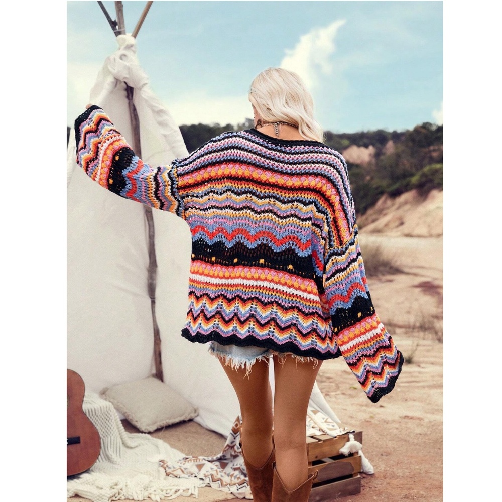 Bohemian Bell Sleeve Light Sweater Loose Fit Multicolor Knit Eyelet Stretchy - Picture 7 of 8